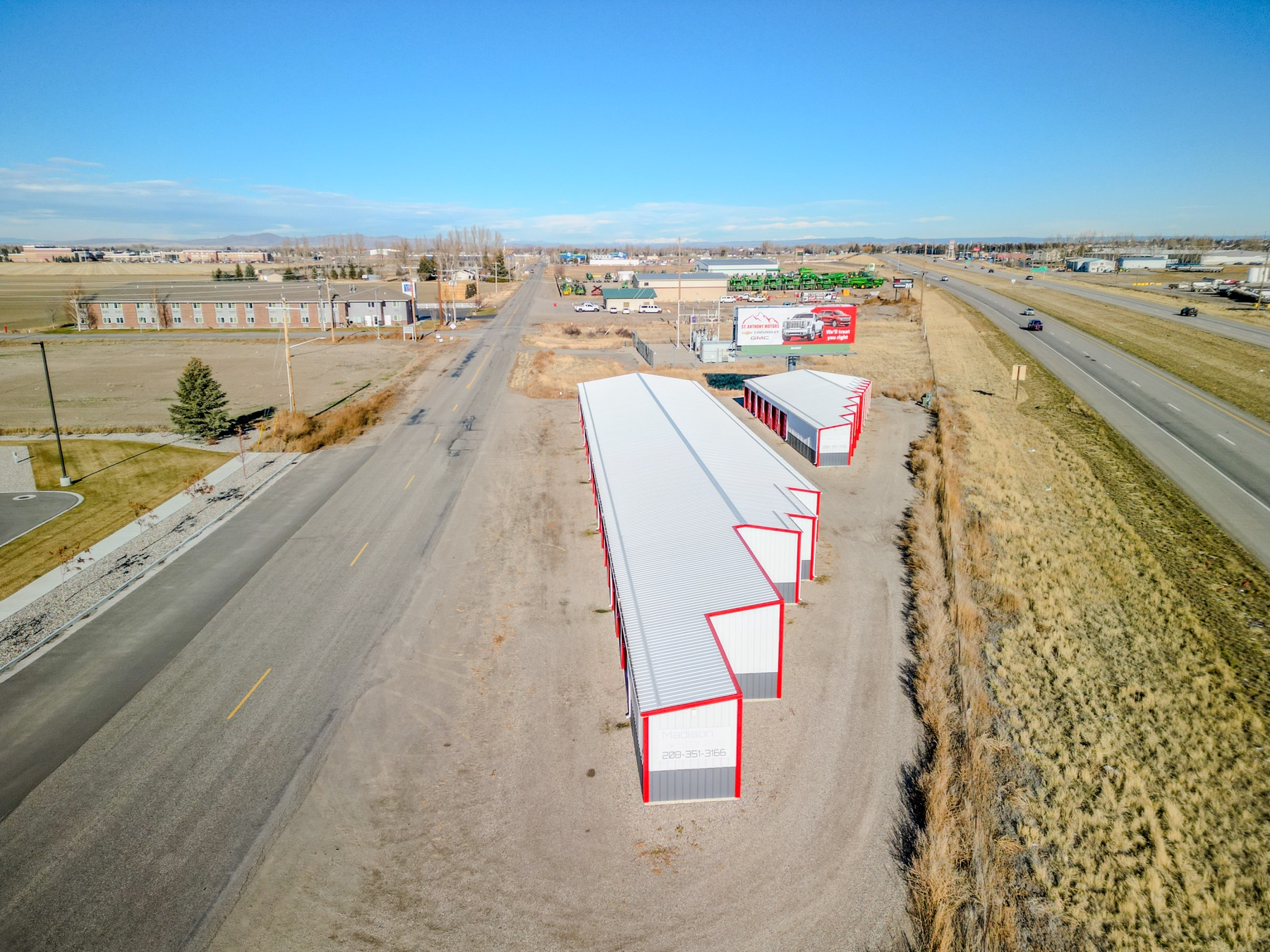 Aerial view of Madison Storage along US-20 in Rexburg, Idaho